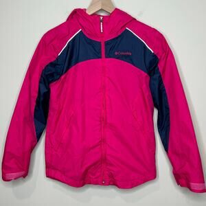 Columbia Sportswear Pink Rain Jacket Size L (14/16) Hood Water Resistant Nylon